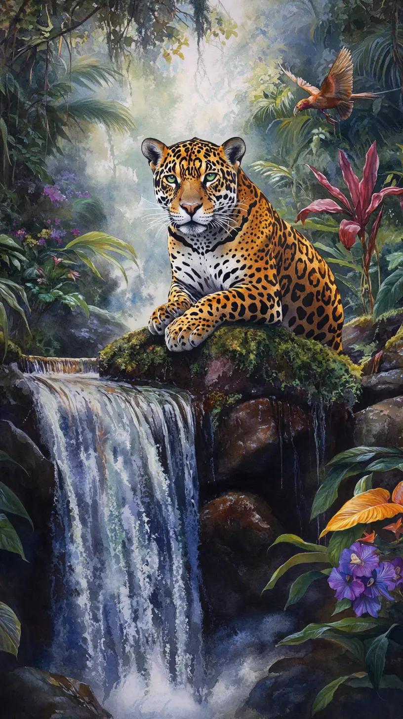 Watercolor jaguar resting by a waterfall in rainforest