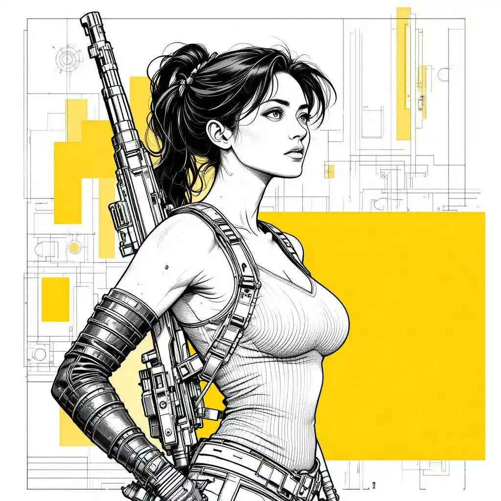 Determined warrior woman in graphic schematic illustration