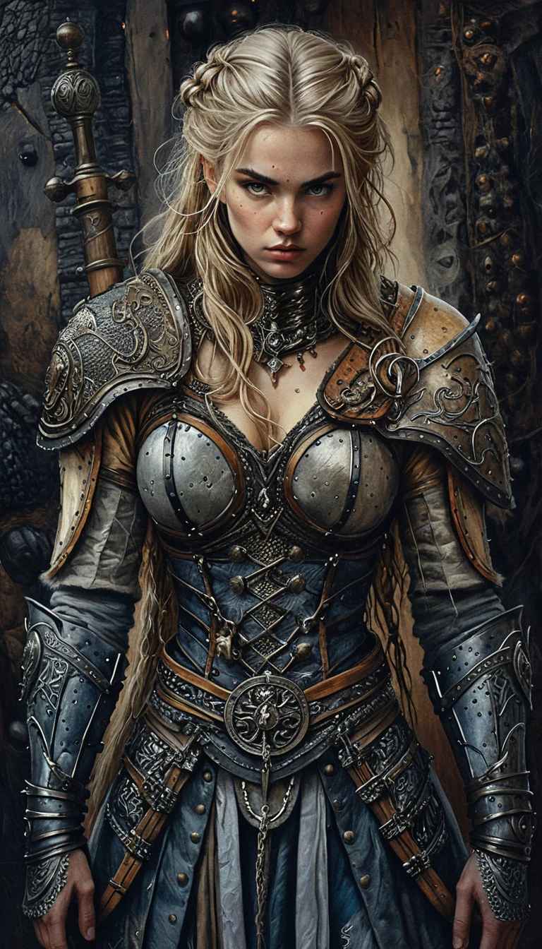 Guerrière viking blonde avec bouclier et hache