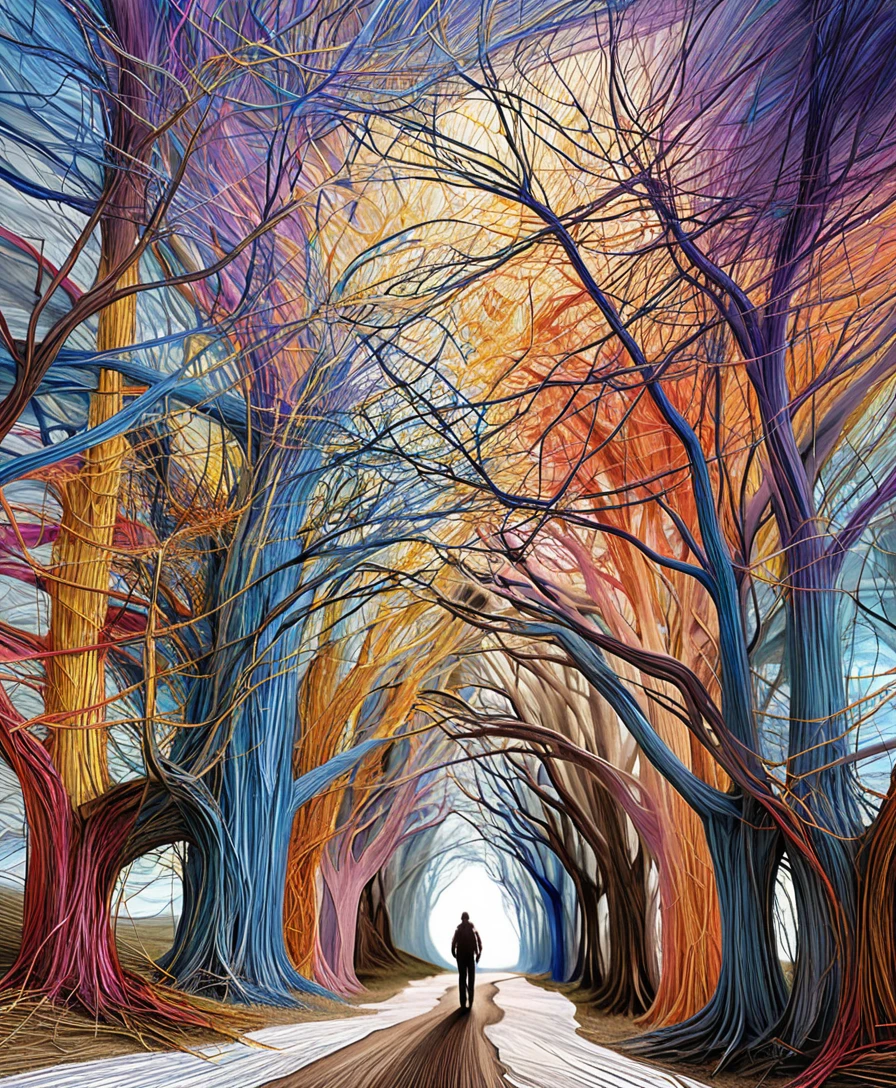 Tunnel di alberi in arte lineare a scarabocchio con figura solitaria e luce
