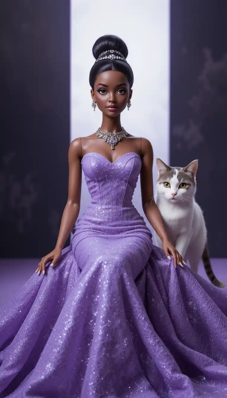 Stylized brown fashion doll in lavender evening gown