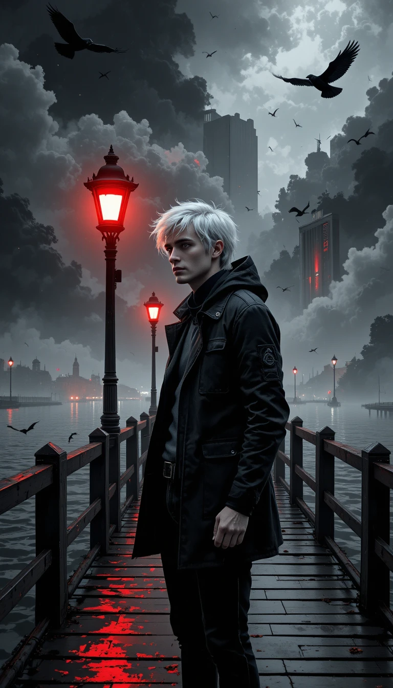 Young man under red streetlight on misty wooden pier