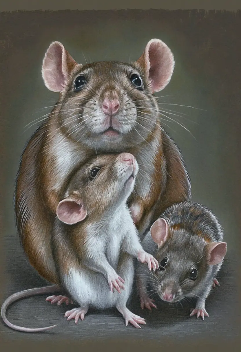 Rat family portrait with mother and two baby rats