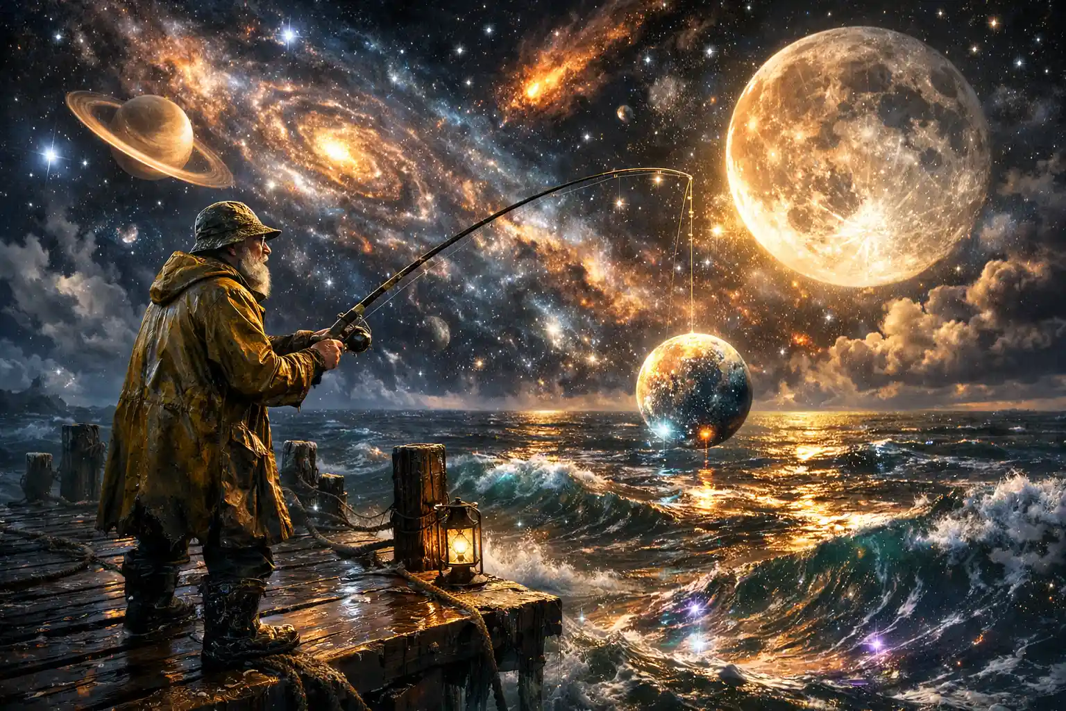 Old fisherman on pier under cosmic starlit ocean sky