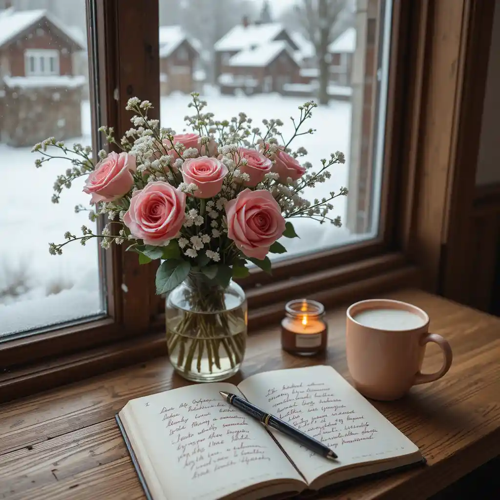 Cozy winter still life with flowers candle and warm drink