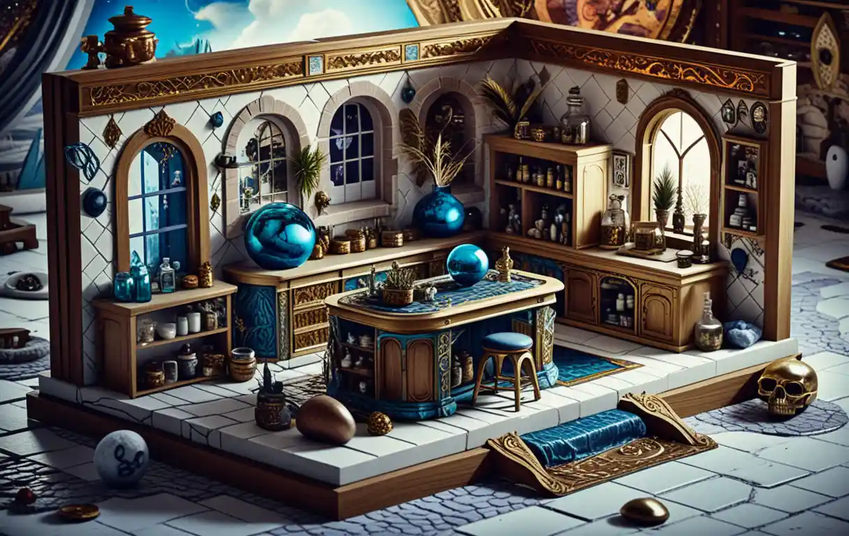Isometric 3D house diorama on a floating fantasy island
