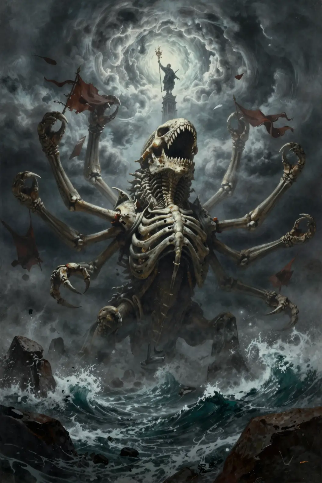 Colossal skeletal sea monster rising from stormy ocean