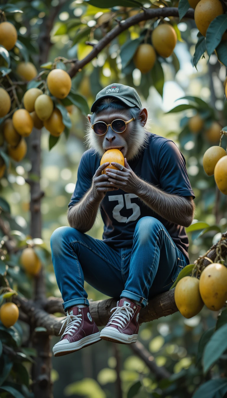 Mono comiendo mango en un árbol con ropa humana casual