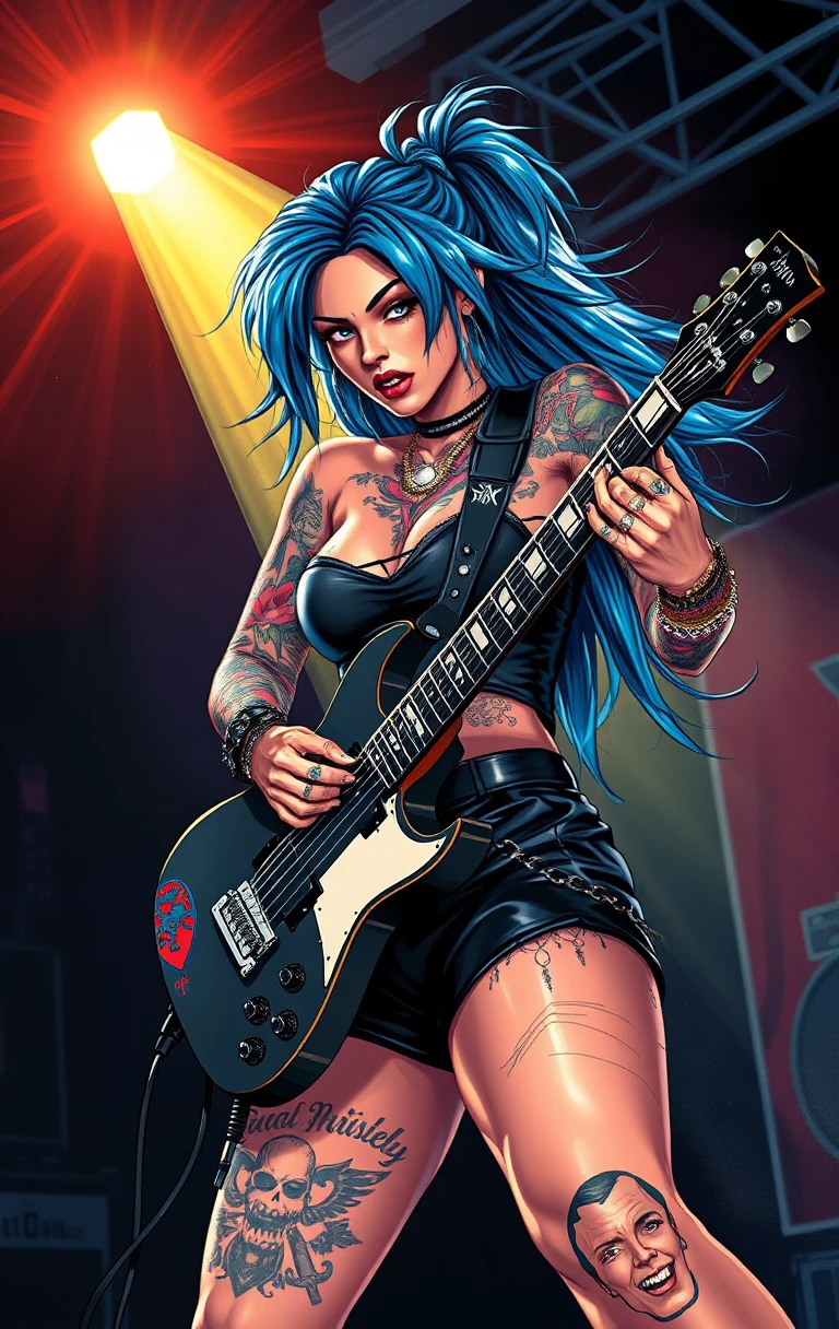 Blue haired tattooed woman rocking guitar on stage