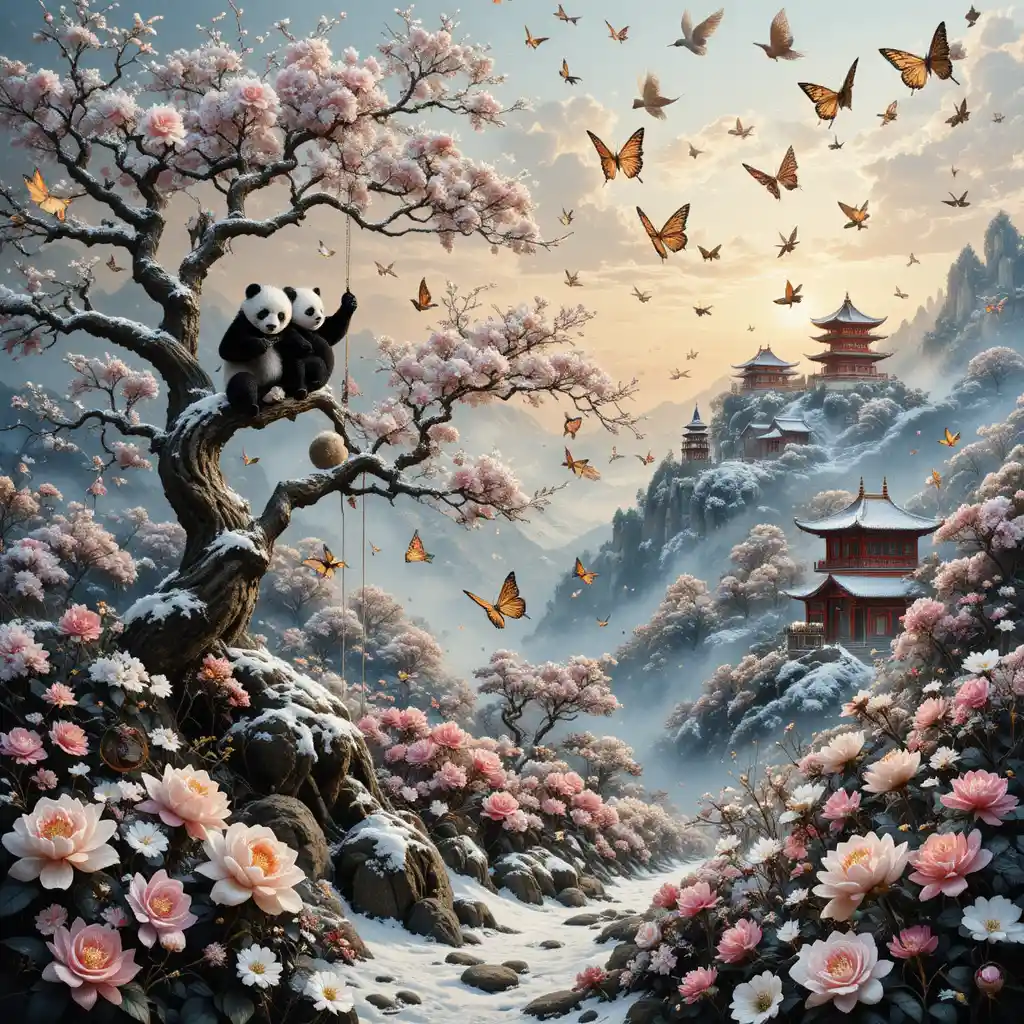 Whimsical Textile Pandas In A Snowy Chinese Village