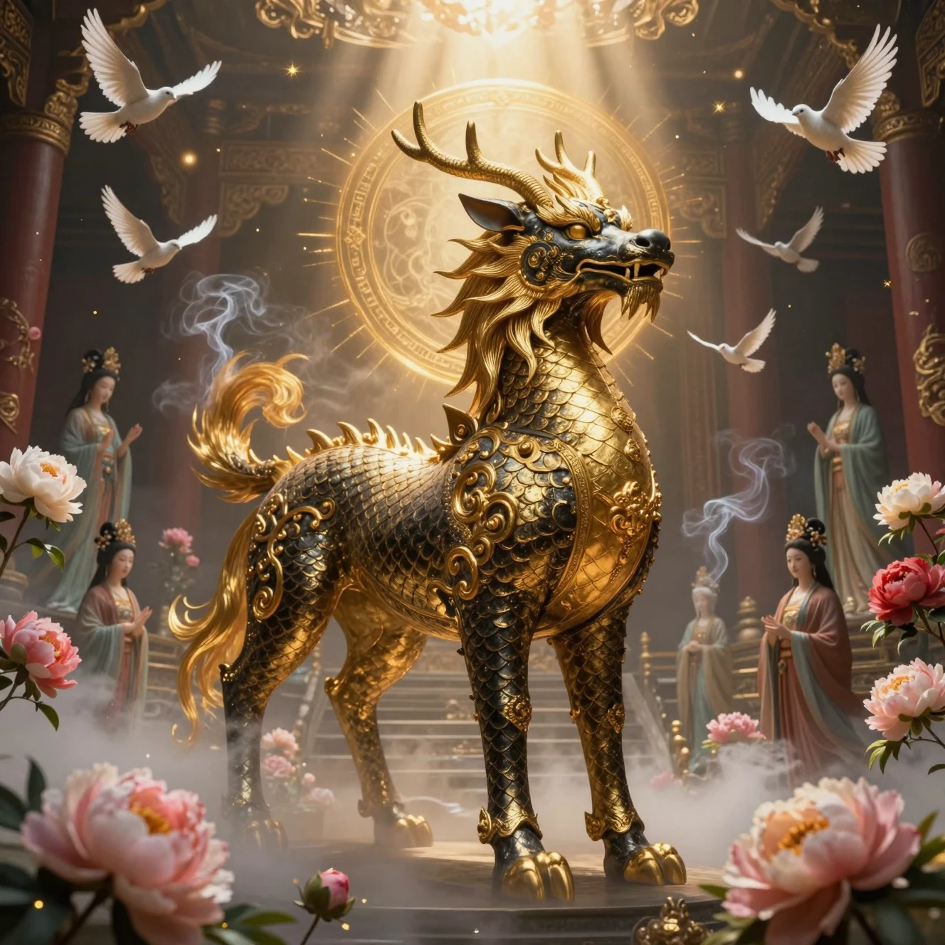 Majestic Chinese qilin in a celestial temple scene