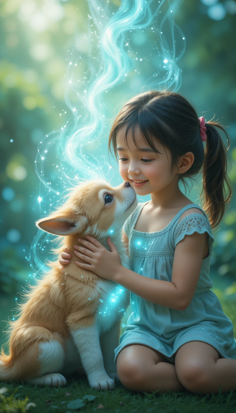 Niño y mascota compartiendo un brillante momento de amor azul