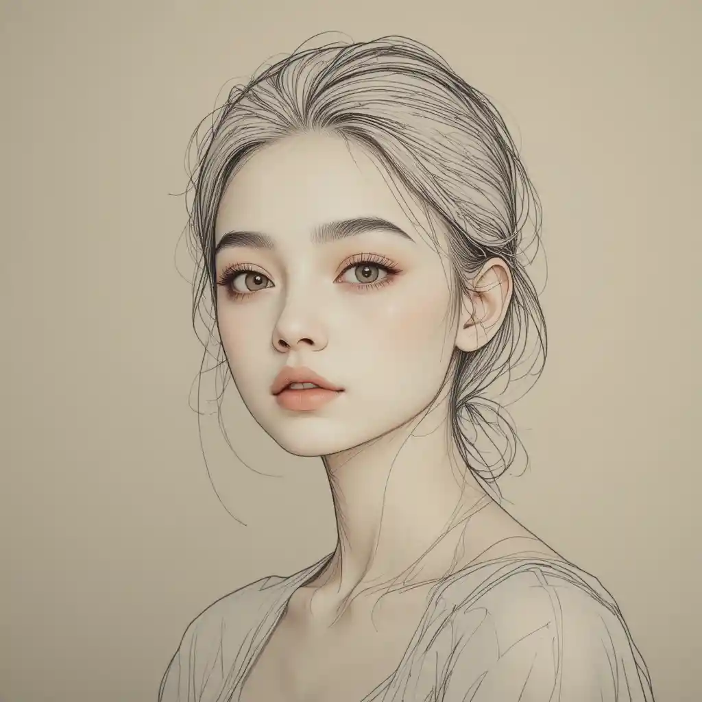 Delicate sketch portrait of a young woman in soft light