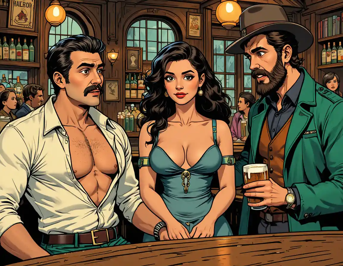 Vintage tavern scene with three colorful characters