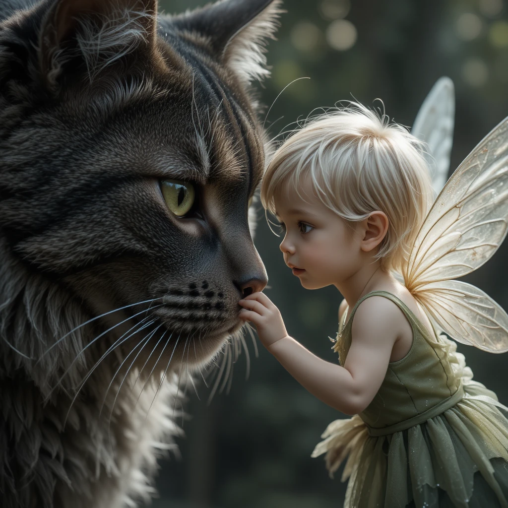 Pequeño niño hada tocando la nariz de un enorme gato atigrado