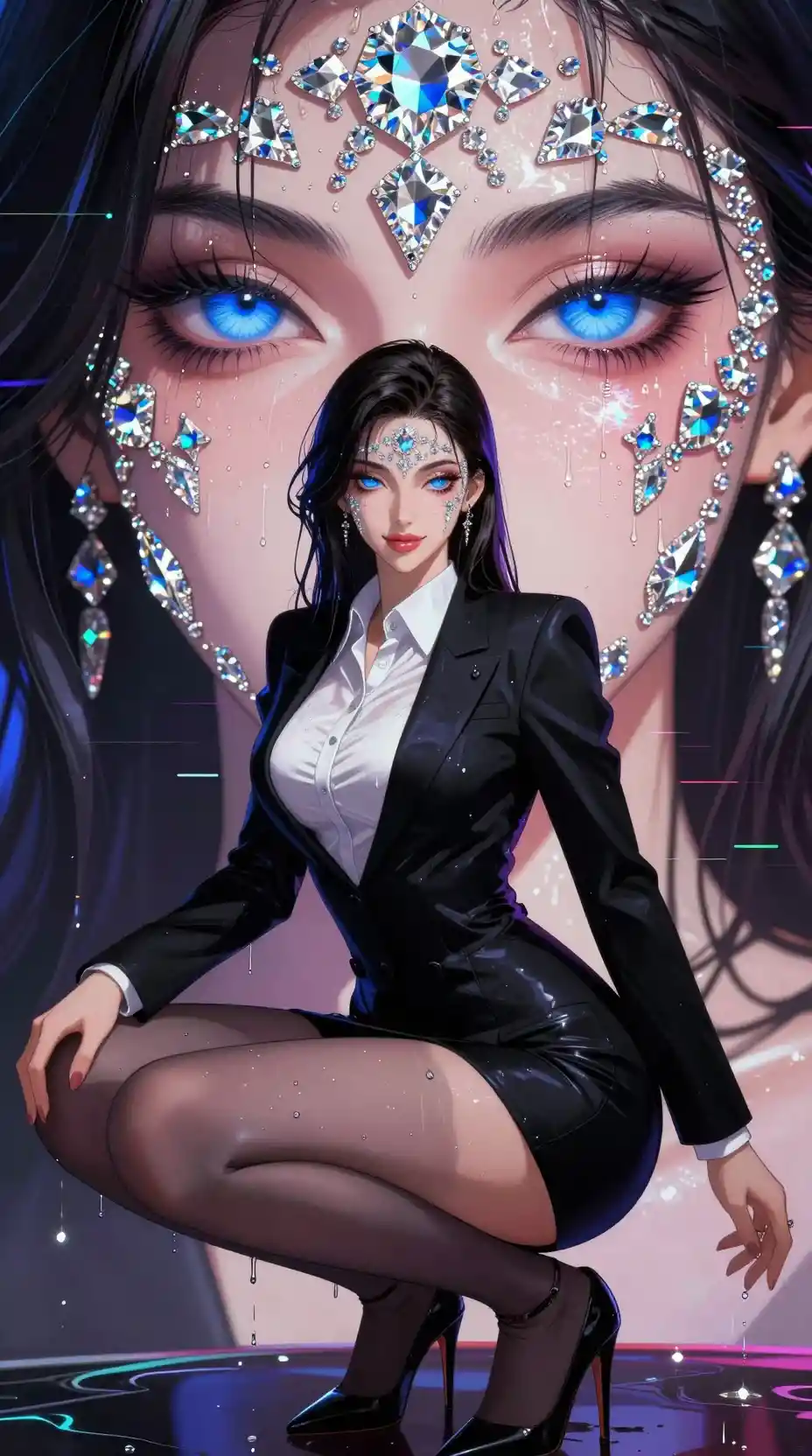Confident anime girl in sleek suit with shining blue eyes