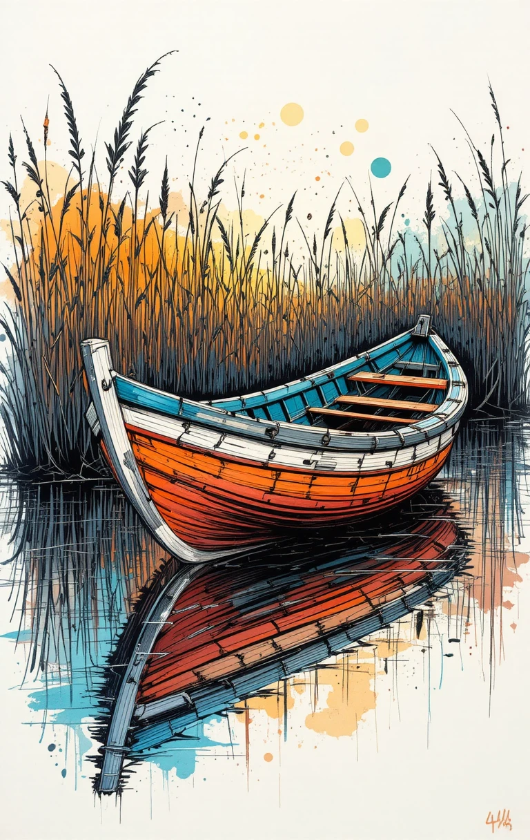 Expressive line art fishing boat with colorful weathered hull