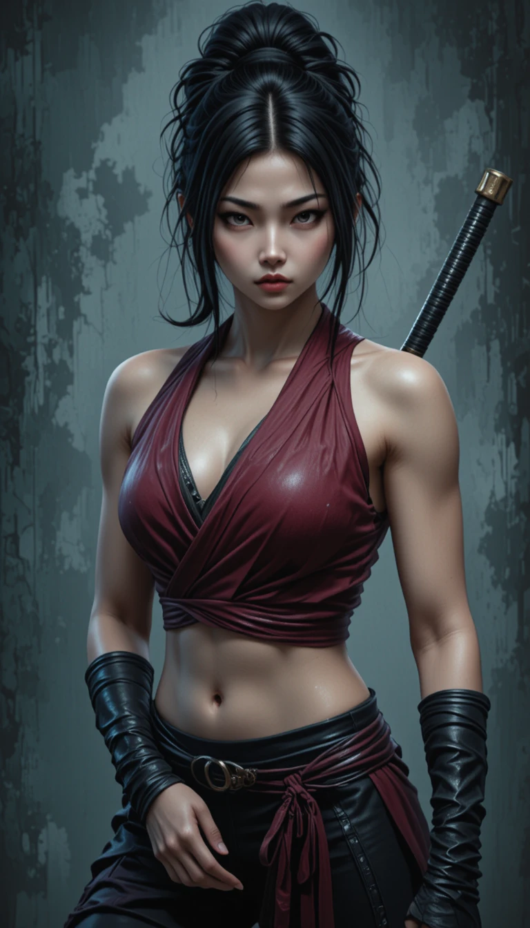 Farouche guerrière asiatique avec katana dans de sombres ruines