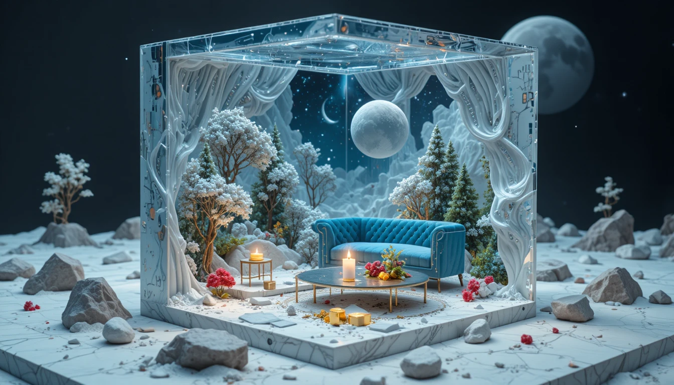Surreal Crystal Cube Living Room With Winter Forest Portal