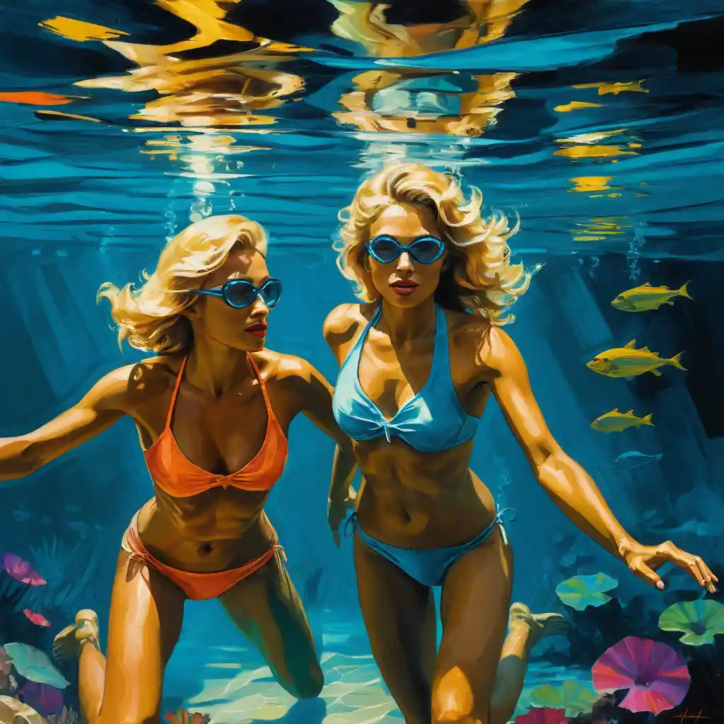 Two athletic women swimming underwater in tropical bay