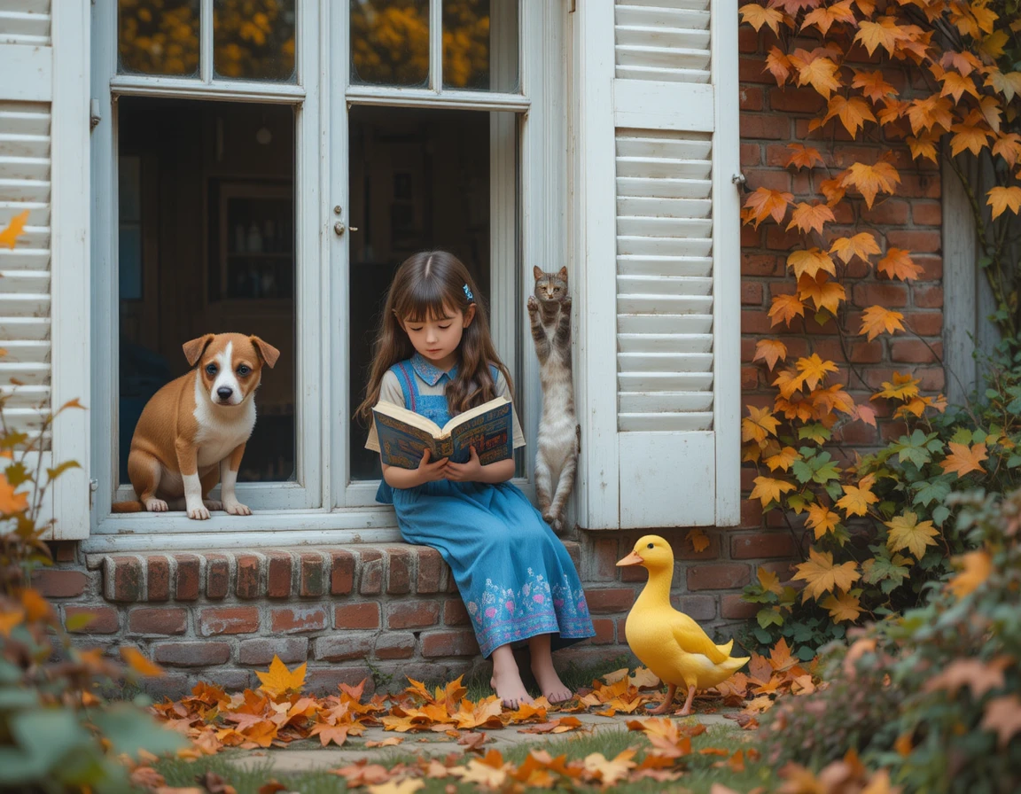 Young girl reading by a bright window with autumn leaves