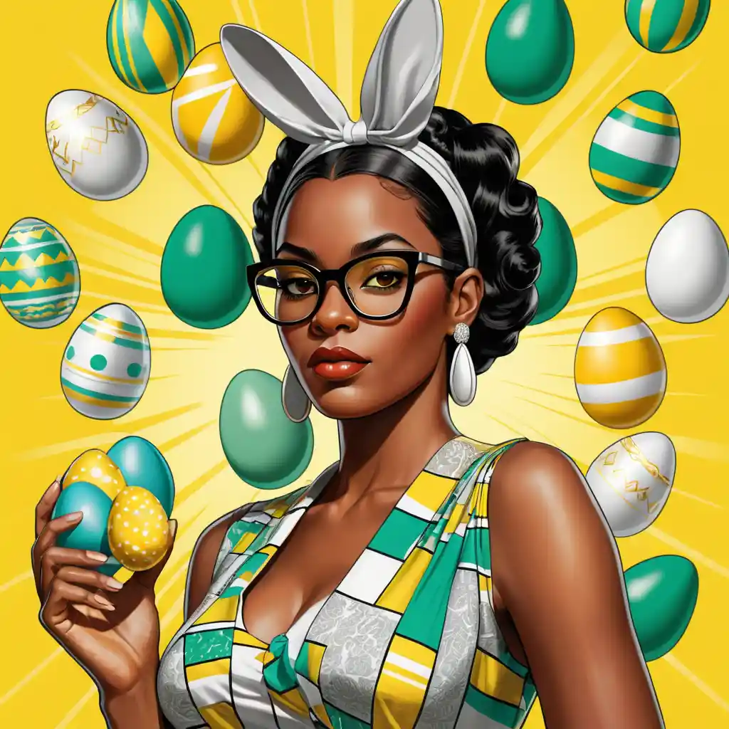 Glamorous Black Woman With Glasses In Pop Art Easter Scene