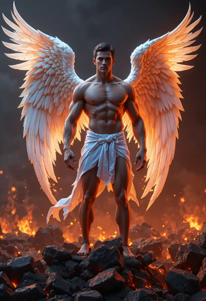 Uomo Angelico Muscoloso sopra Rocce di Lava Infuocate