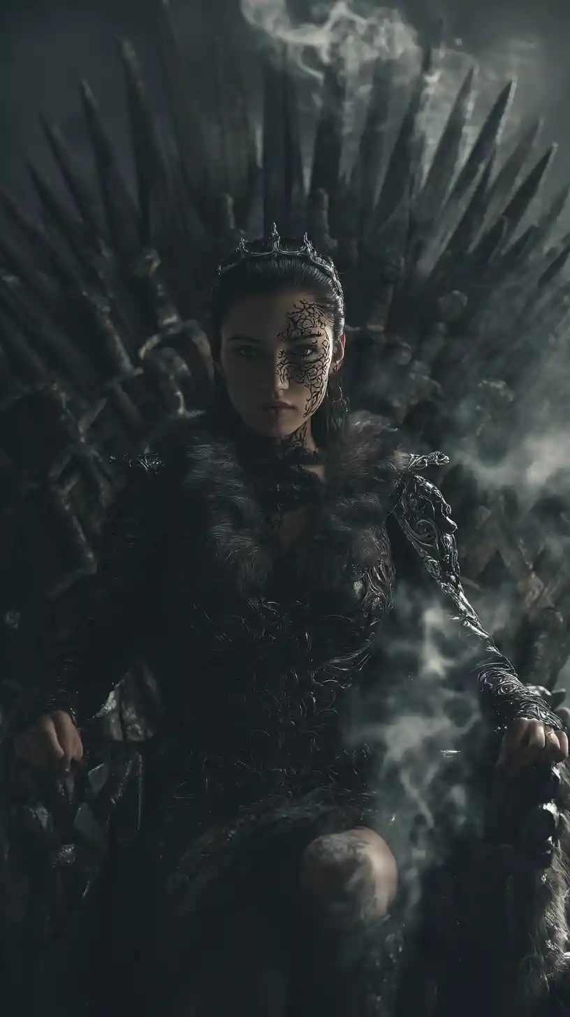 Dark fantasy woman on jagged iron throne in swirling smoke