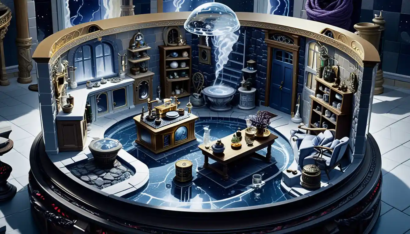 Isometrisches 3D-Haus-Diorama auf einer schwebenden Fantasy-Insel