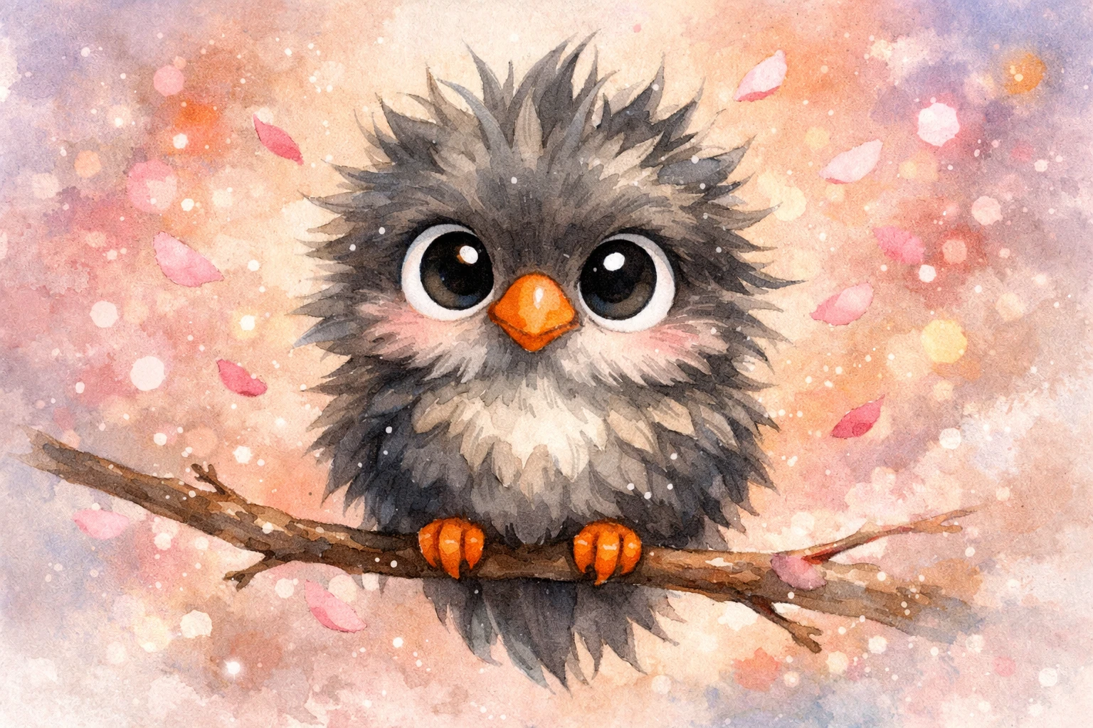Cute fluffy cartoon bird on a branch in pastel bokeh