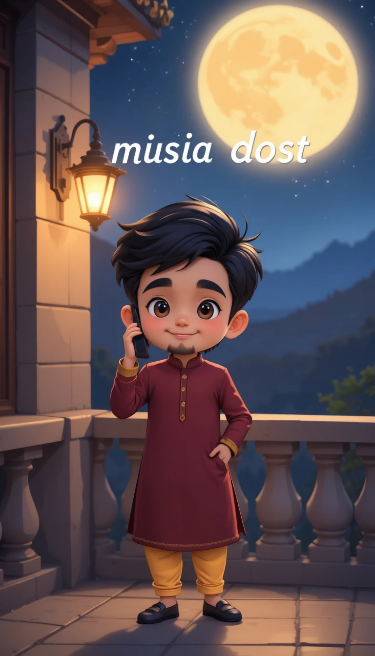 Niño de dibujos animados hablando por teléfono en el balcón de noche