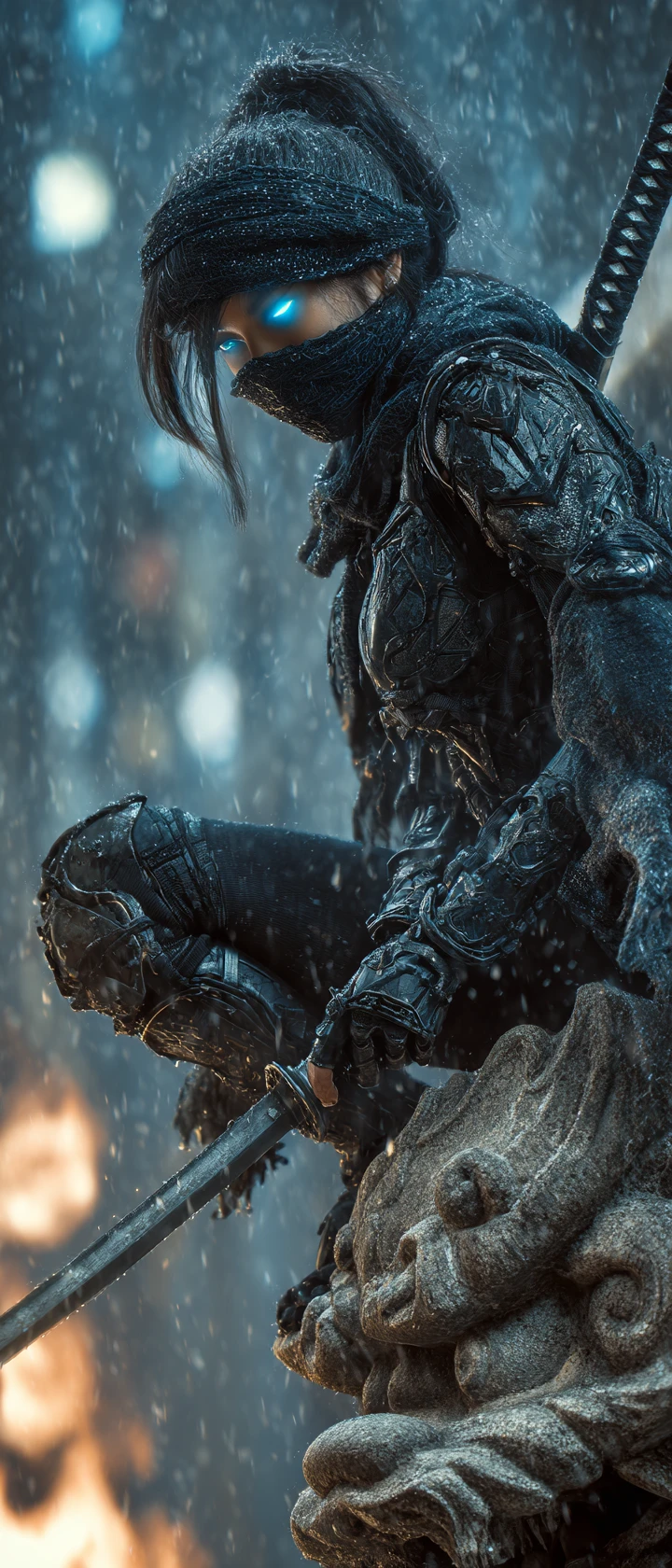 Female shinobi on a gargoyle above a burning temple