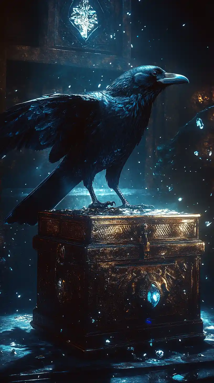 Raven guarding a jeweled treasure chest in a dark vault