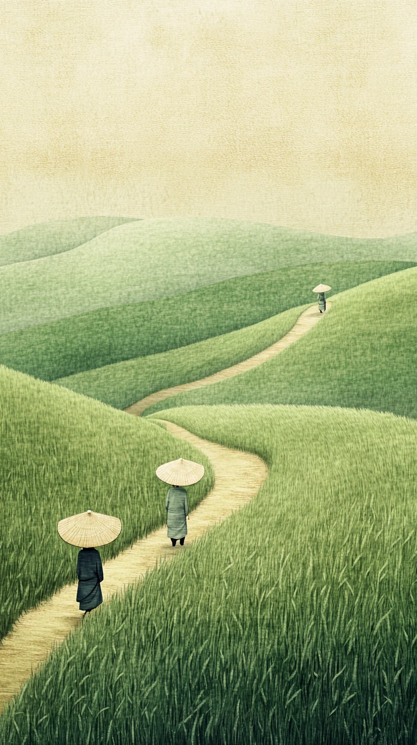 Travelers in conical hats crossing a vast green wheat field