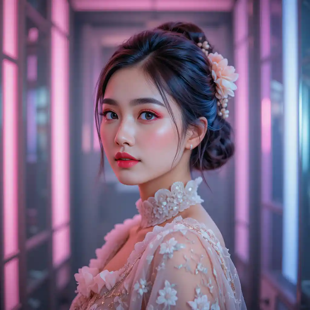 Young Asian woman in floral dress with neon glow