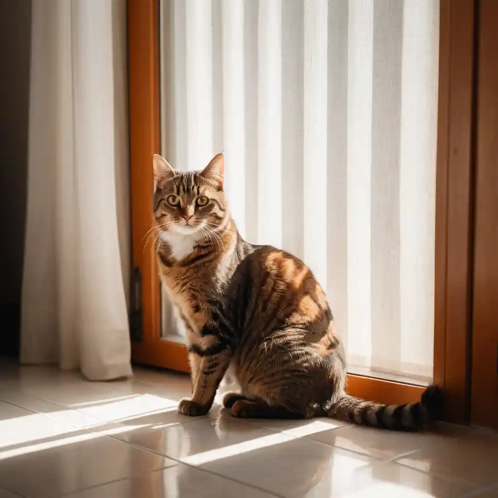 Tabby cat watching sunlight through a bright window
