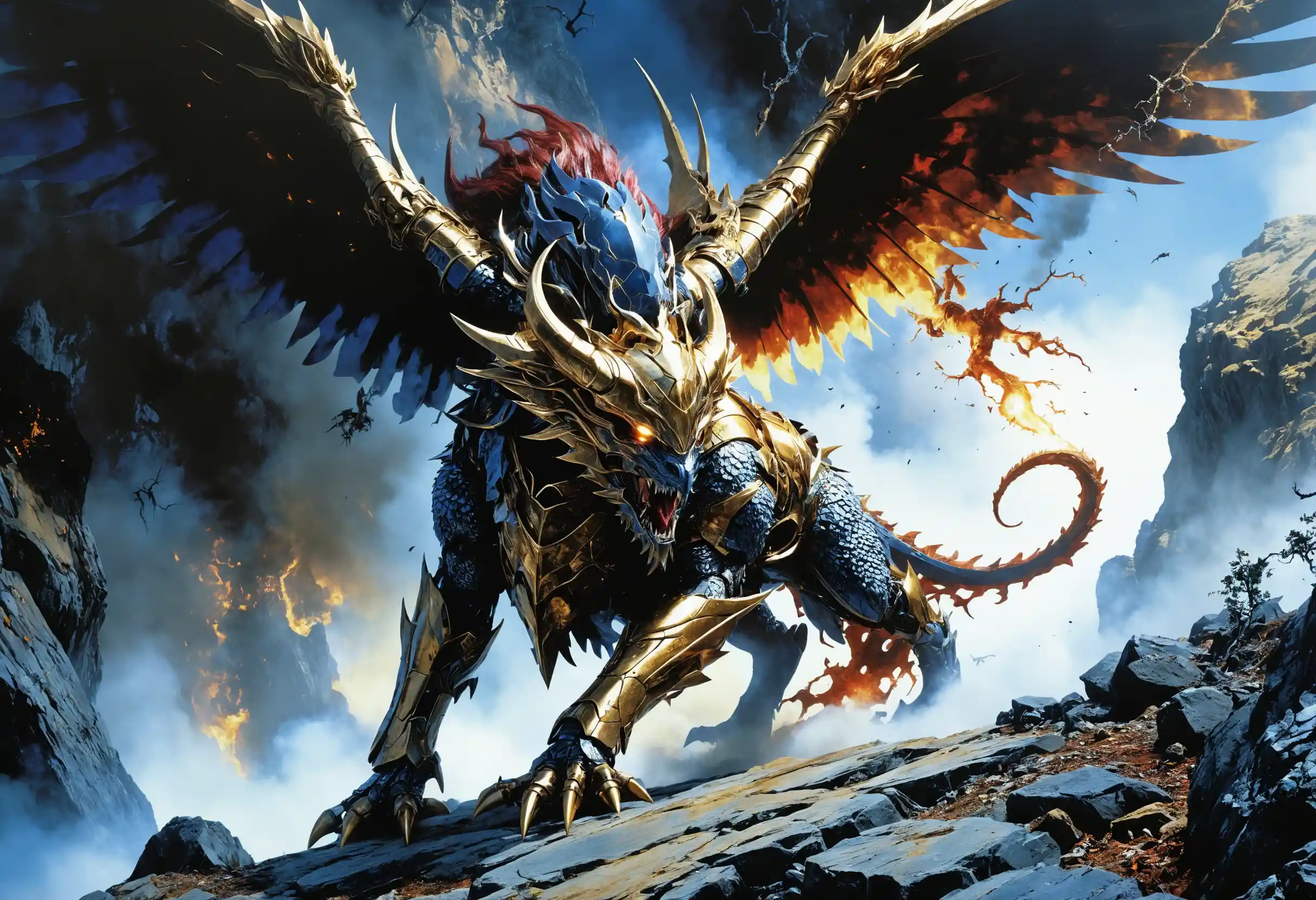 Bound demonic titan raging on a burning cliffside