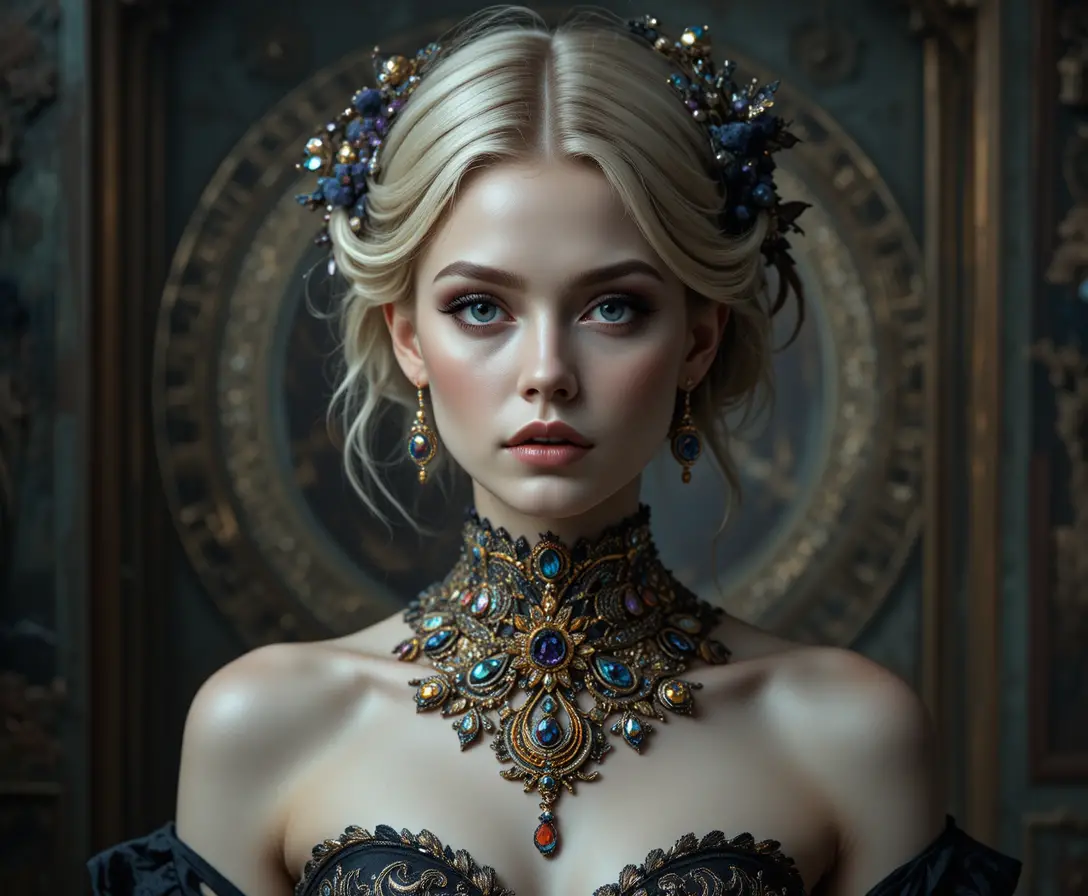 Ethereal blonde witch in jeweled gown and celestial choker