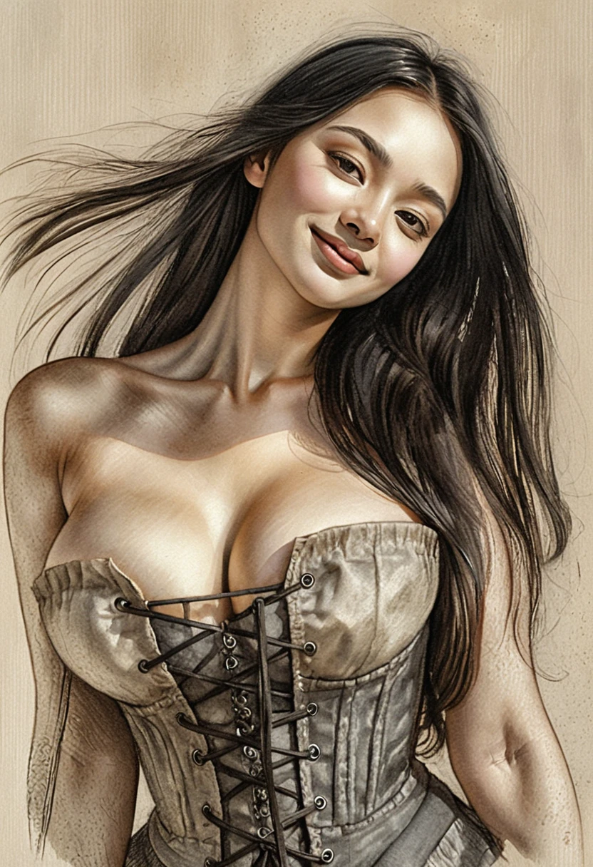 Sepia portrait drawing of woman in victorian corset
