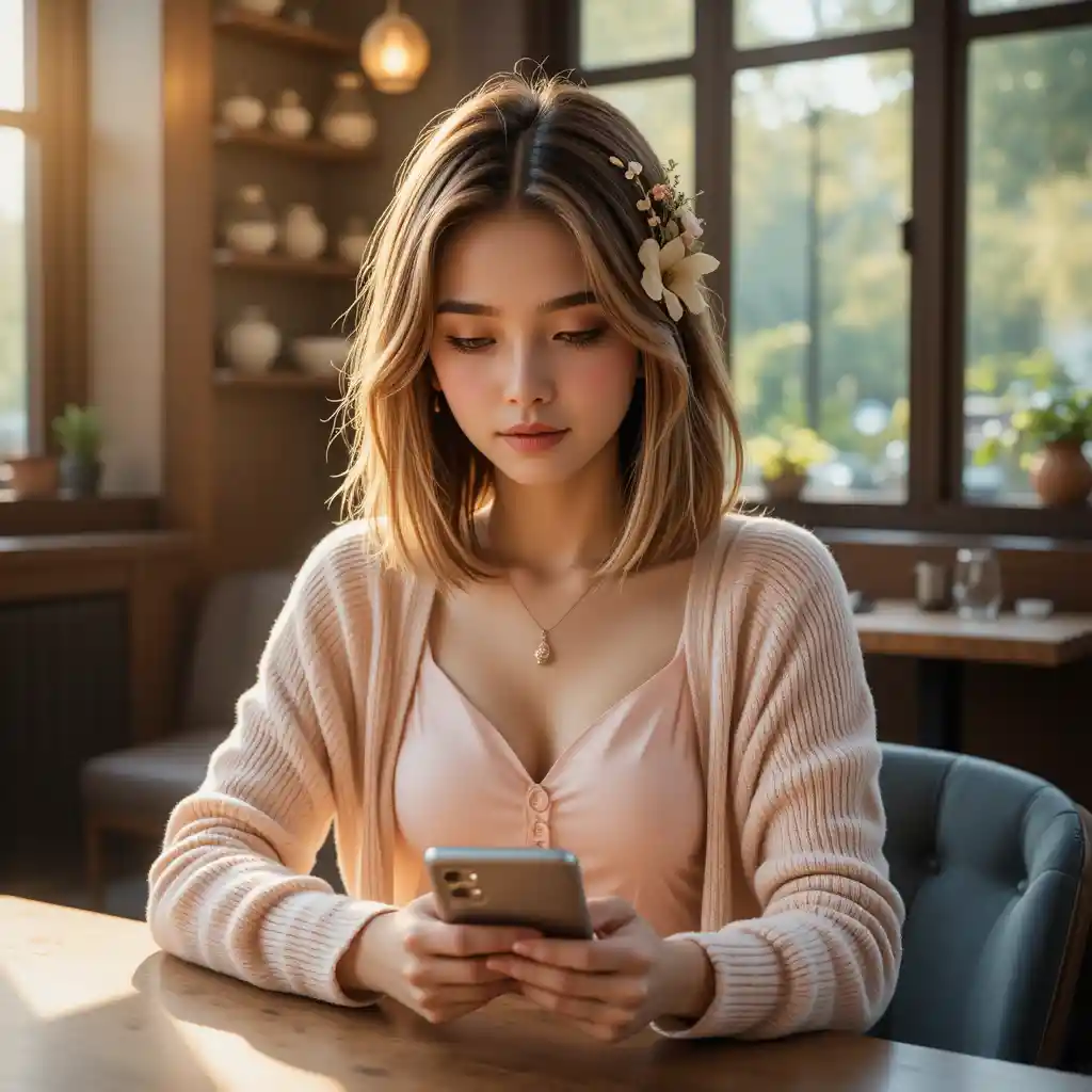 Junge Frau mit Smartphone im warmen Vintage-Café-Licht