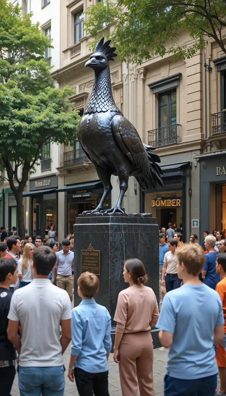 Bronze rooster statue on pedestal admired in city square