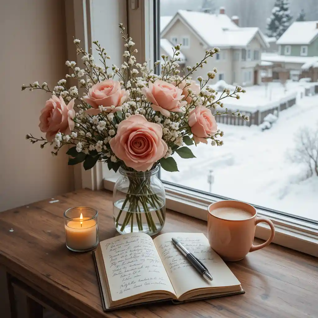 Cozy winter still life with flowers candle and notebook