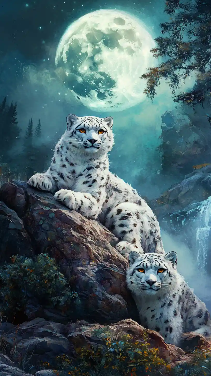 Two snow leopards resting under a glowing full moon