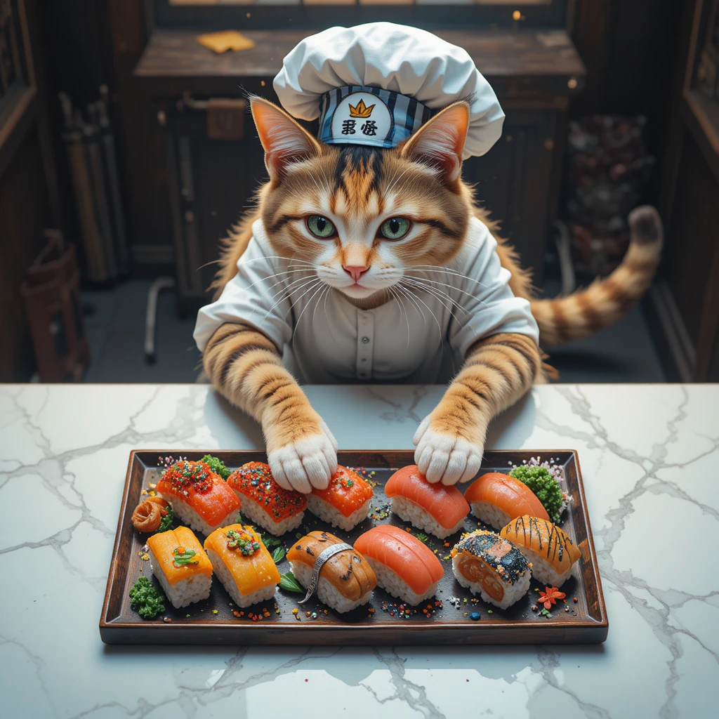 Verspielter Anime-Katzenkoch arrangiert buntes Sushi aus der Vogelperspektive
