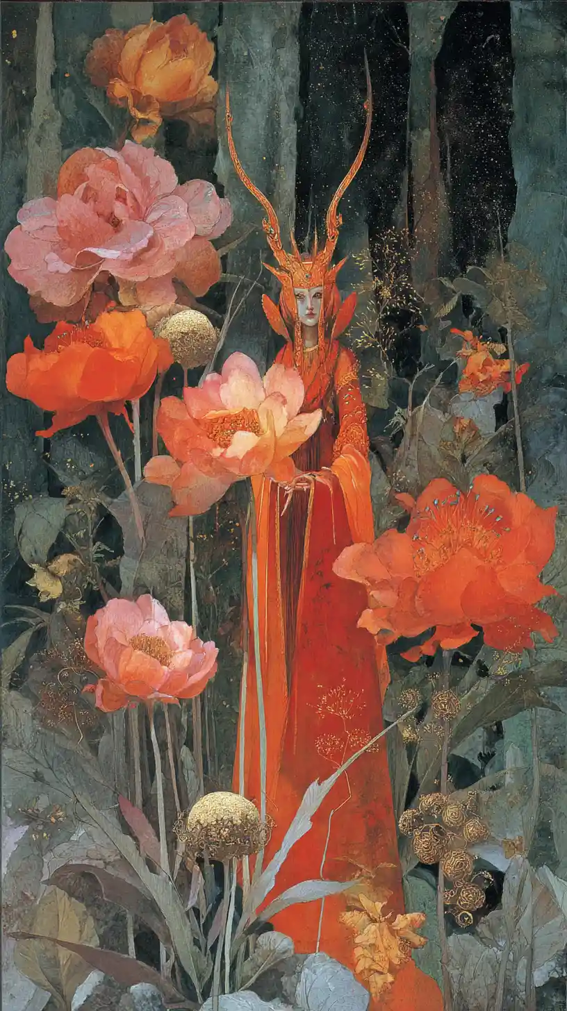 Surreal shaman in a glowing fantasy forest of magic flowers