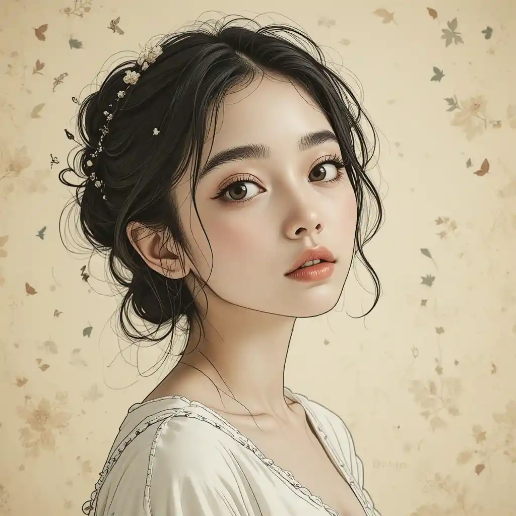 Retrato en boceto onírico de una joven vestida de blanco