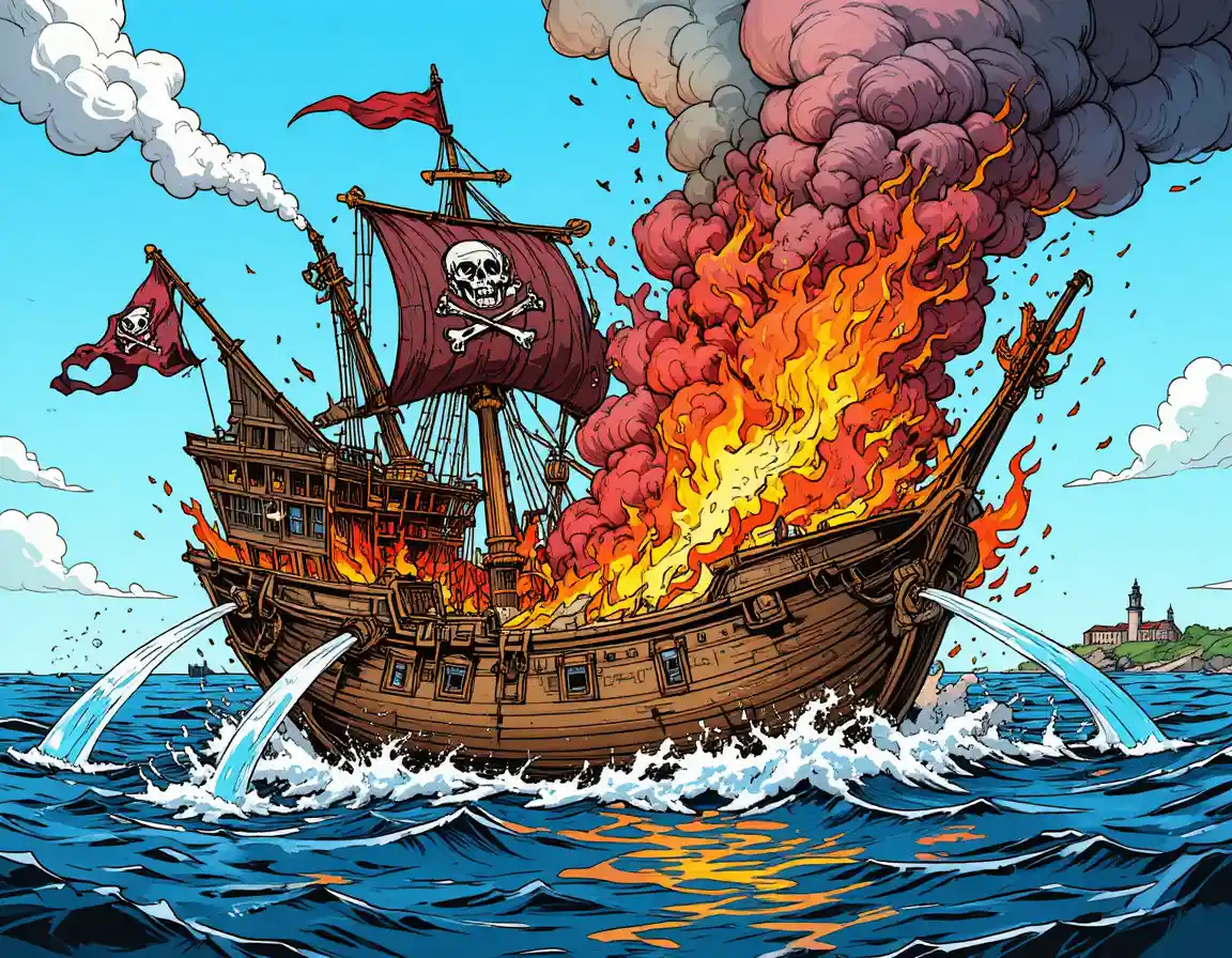 Nave pirata a fumetti avvolta dalle fiamme su un mare blu calmo