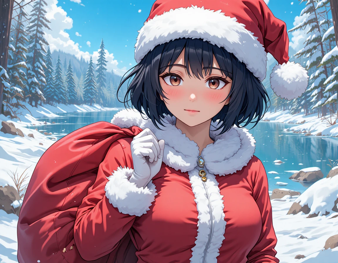 Garota de anime com roupa de Papai Noel caminhando pela floresta nevada