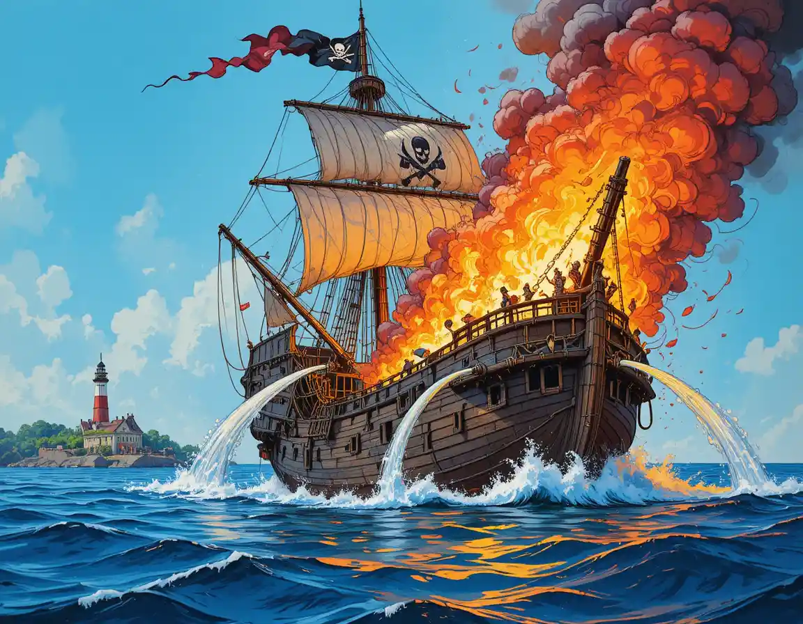 Comic pirate ship engulfed in flames on blue ocean