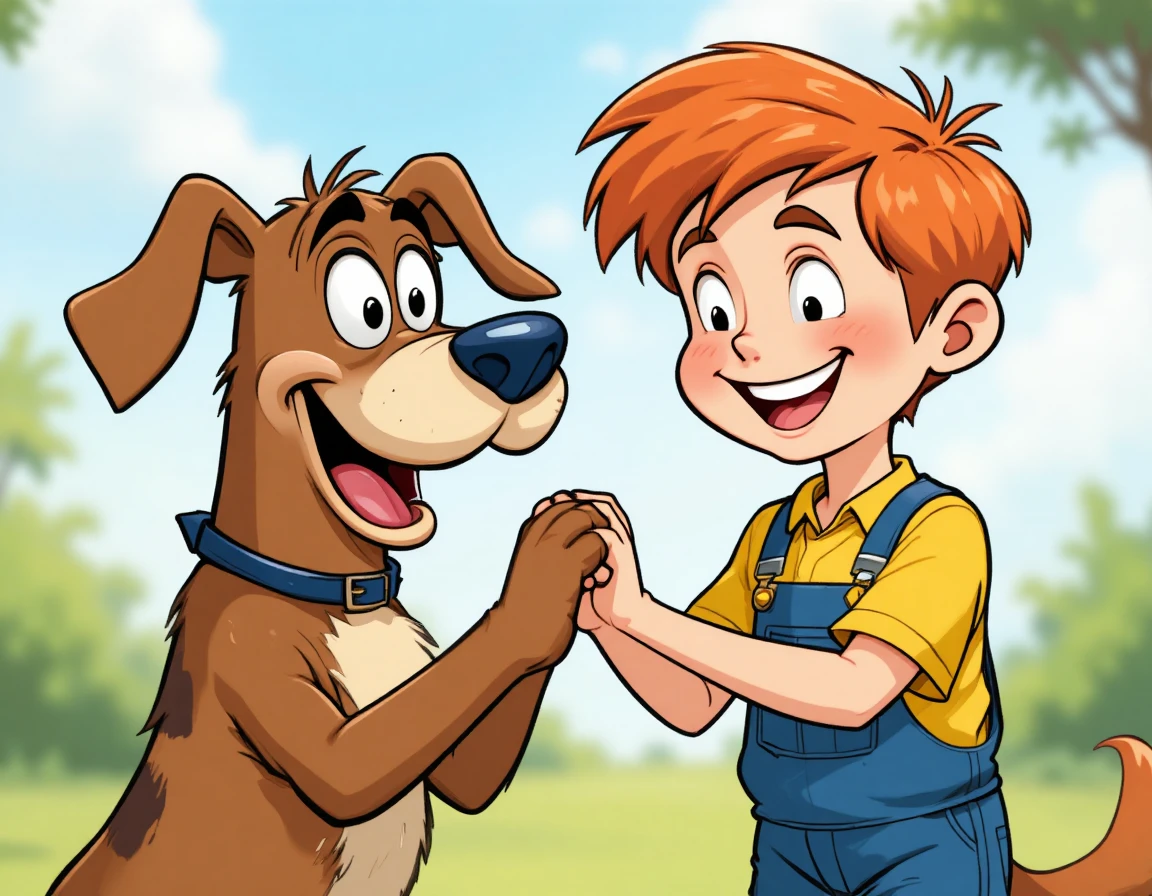 Niño alegre de caricatura dando la pata a un perro marrón gracioso